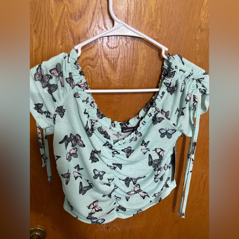 Almost Famous Light Green Butterfly Print Blouse